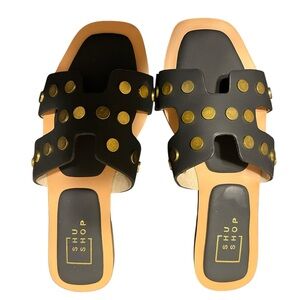 ShuShop Black Donatella Sandals with Gold Accents Size 7.5 New in Box